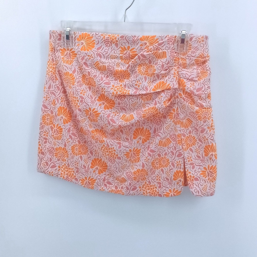ZARA Mini Skirt Women Size M Orange 8121/627/615 Floral Ruched Linen Blend